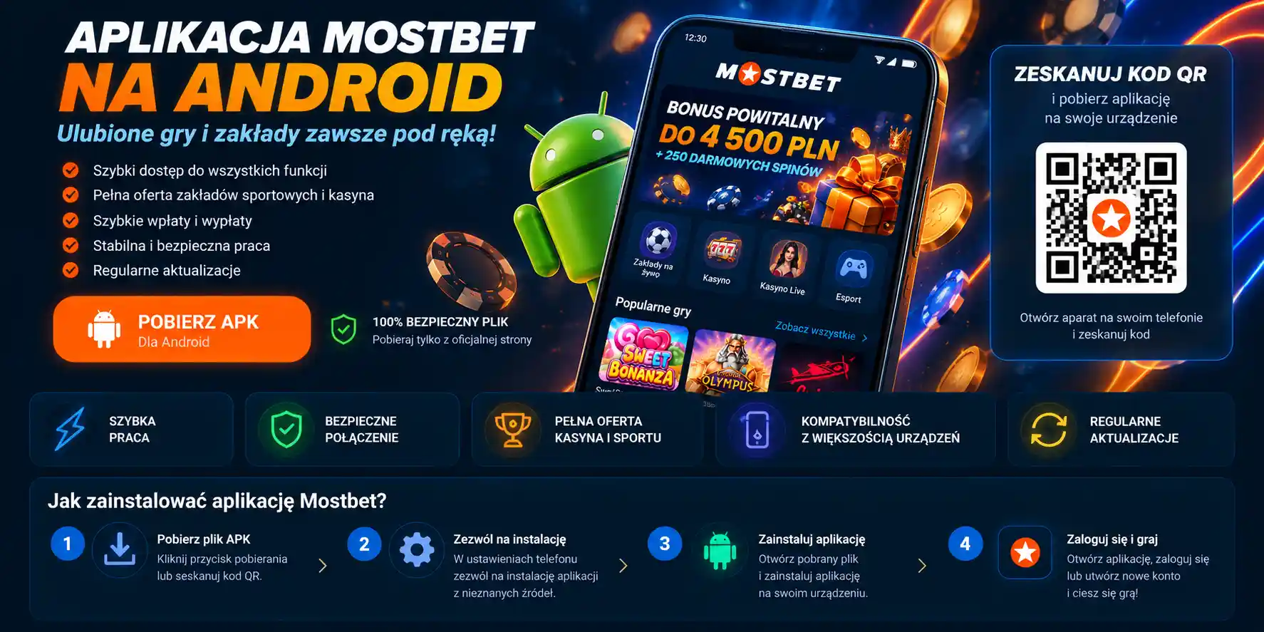 Pobieranie aplikacji Mostbet APK na Android – kod QR i przycisk pobierania