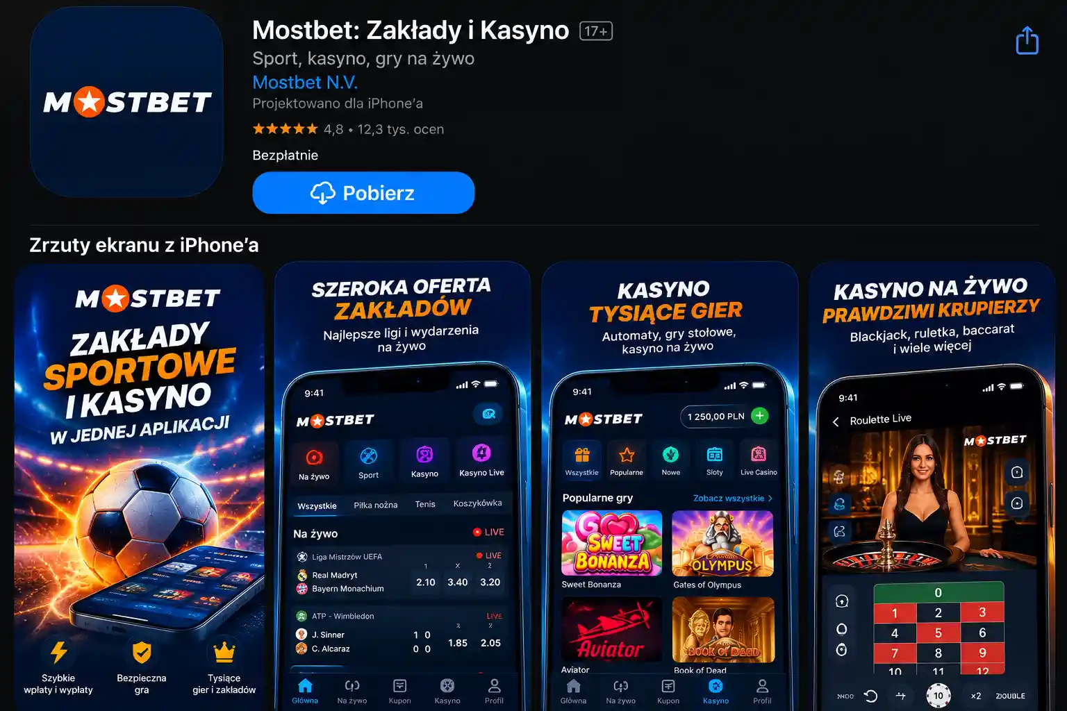 Aplikacja Mostbet w App Store – ocena 4.8 i zrzuty ekranu interfejsu na iPhone