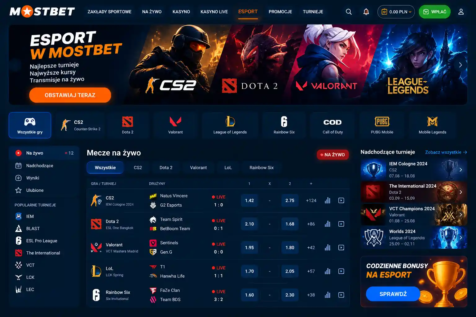 Sekcja esport w Mostbet – CS2, Dota 2, Valorant i League of Legends z meczami na żywo