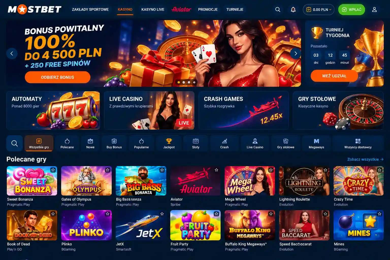 Lobby kasyna Mostbet – kategorie gier: automaty, Live Casino, Crash Games i gry stołowe