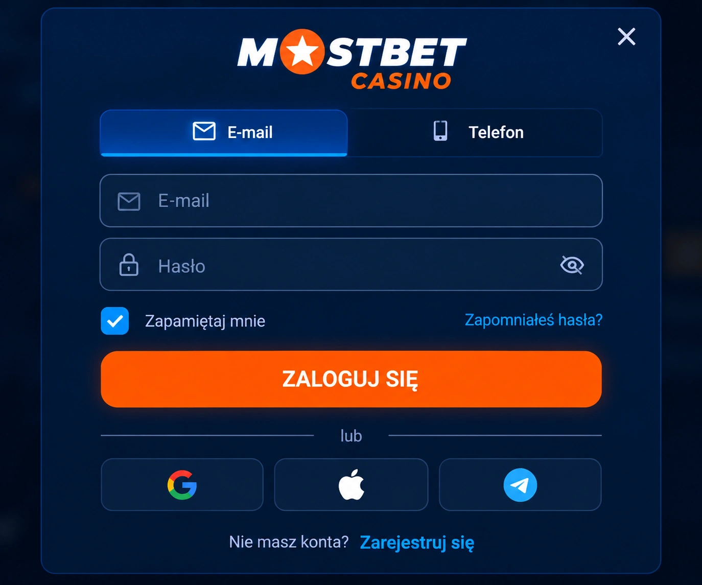 Panel logowania Mostbet Casino – pola e-mail, telefon i opcje logowania