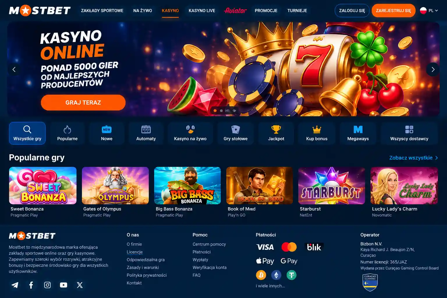 Główna strona Mostbet Casino z informacjami o operatorze Bizbon N.V. i danymi licencji
