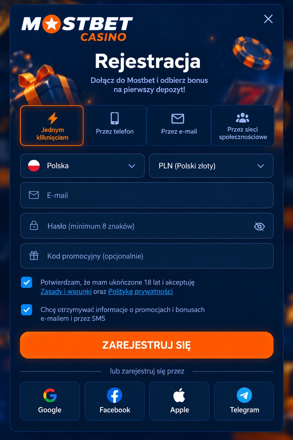 Formularz rejestracji Mostbet Casino – cztery metody i pole kodu promocyjnego