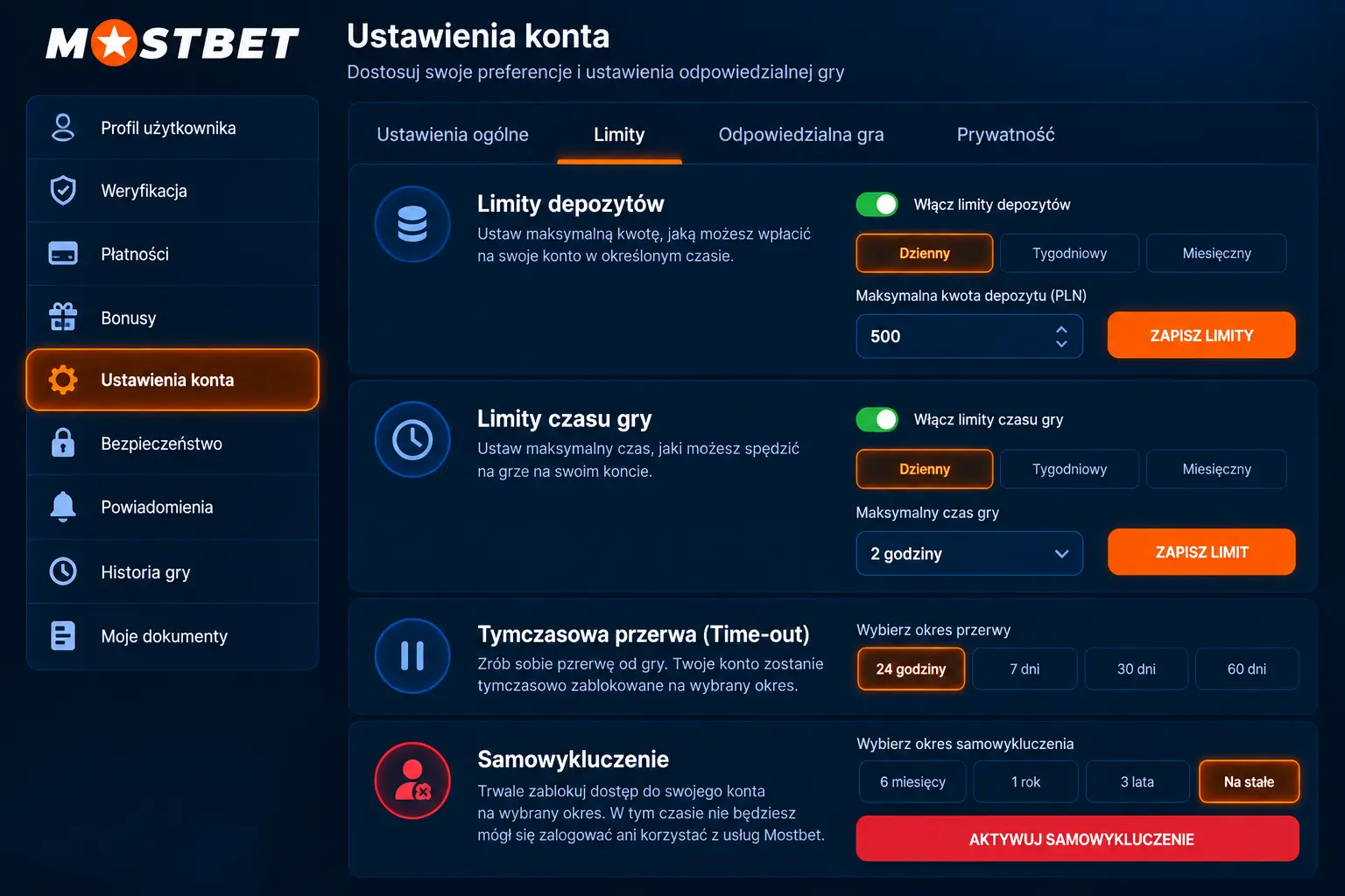 Ustawienia konta Mostbet – limity depozytów, czas gry, Time-out i samowykluczenie